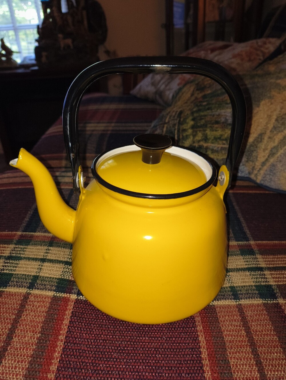 Vintage Yellow Enamel Teapot with Black Handle - Classic Kettle